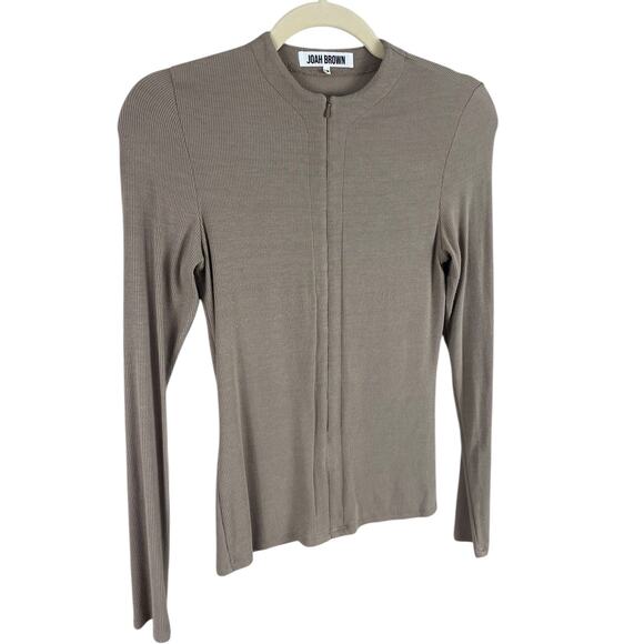 Joah Brown Invisible Zip Long Sleeve Top Ribbed Stretch Taupe Flexrib Size S/M - Picture 7 of 13